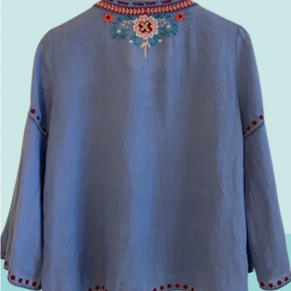 Johnny Was Oman Laceup Swing Blouse Embroidered Blue v neck small Top - Picture 3 of 12